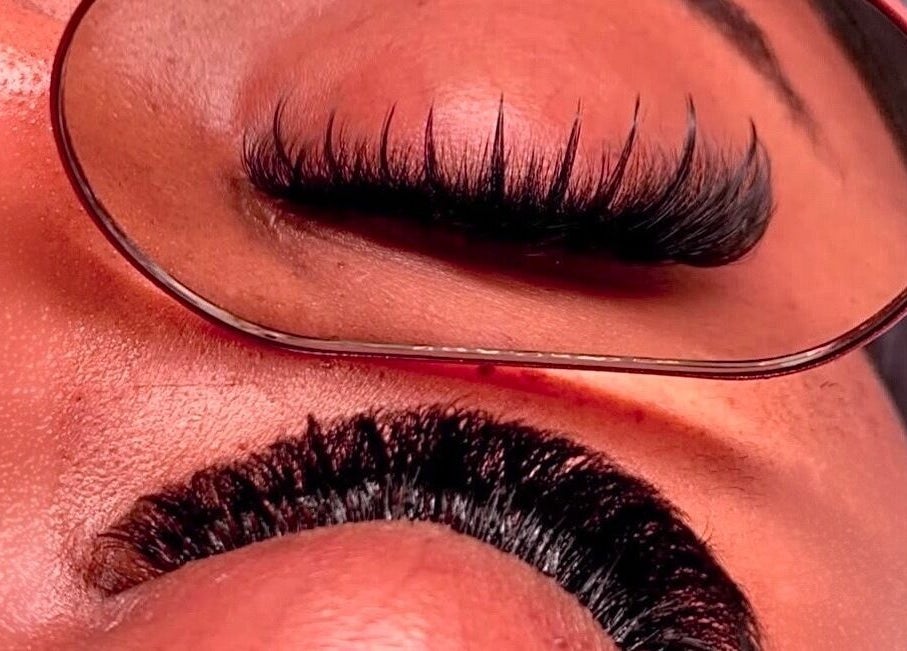 Close-up of eyelash extensions at Lashedbyacc in Edmonton, Alberta, CA showcasing detailed lash work.