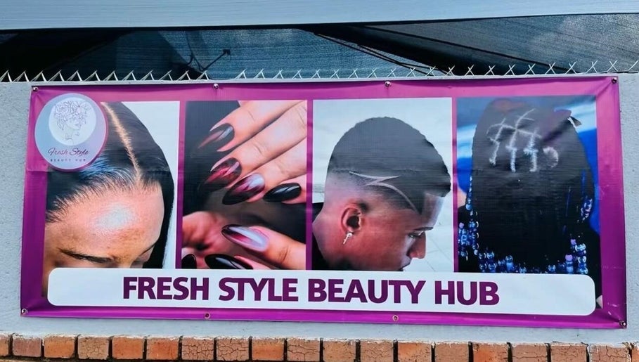 FreshStyleBeautyHub banner in Thembisa, Gauteng, ZA featuring hairstyles and nail designs.