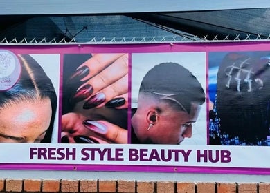 FreshStyleBeautyHub banner in Thembisa, Gauteng, ZA featuring hairstyles and nail designs.