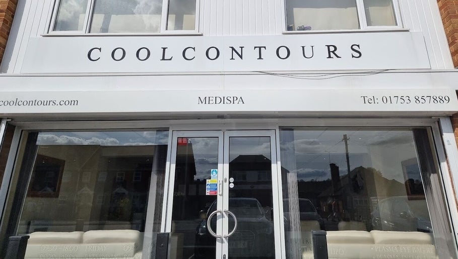 Entrance of Coolcontours Medispa in Windsor, England, GB with a modern glass front.