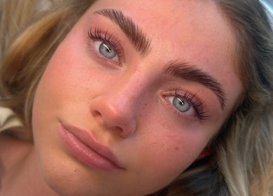 Close-up of enhanced brows and lashes at ByCarlaMaria, Sutton Coldfield, England, GB.