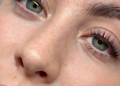 Close-up of fresh skin and natural lashes at ByCarlaMaria, Sutton Coldfield, England, GB.