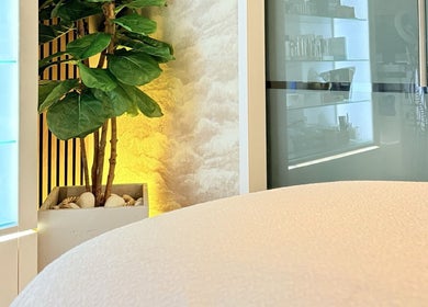 Tranquil spa ambience at FaceFIT With Lauren, Inverness, Scotland, GB, featuring a lush plant and treatment table.