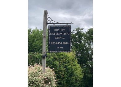 Outdoor sign for Jo Mitchell Reflexology at Bushey Osteopathic Clinic, Bushey, England, GB.