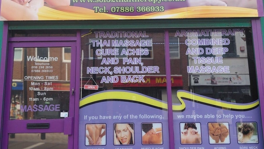 Exterior view of Soi52 Thai Therapy in Leicester, England, GB, promoting traditional Thai and aromatherapy massages.