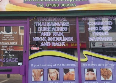 Exterior view of Soi52 Thai Therapy in Leicester, England, GB, promoting traditional Thai and aromatherapy massages.