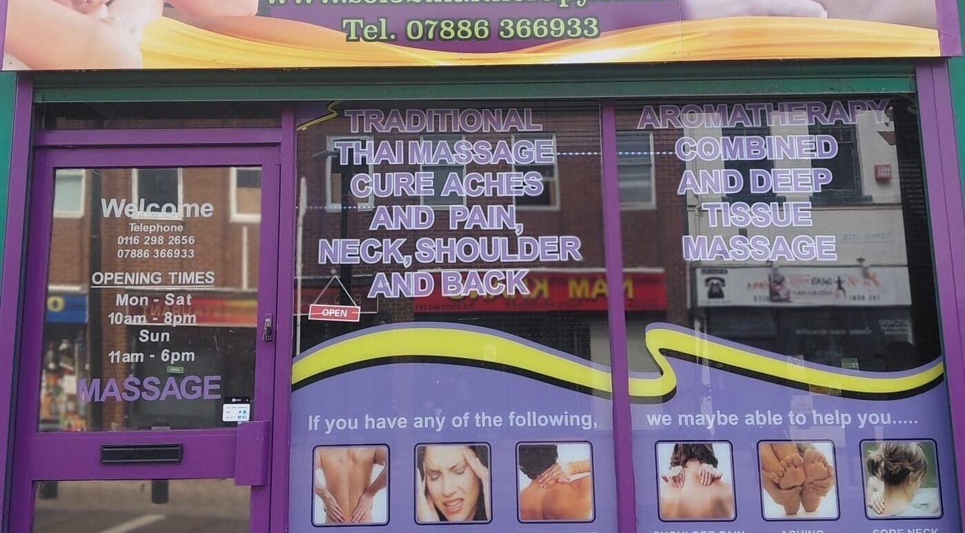 Exterior view of Soi52 Thai Therapy in Leicester, England, GB, promoting traditional Thai and aromatherapy massages.