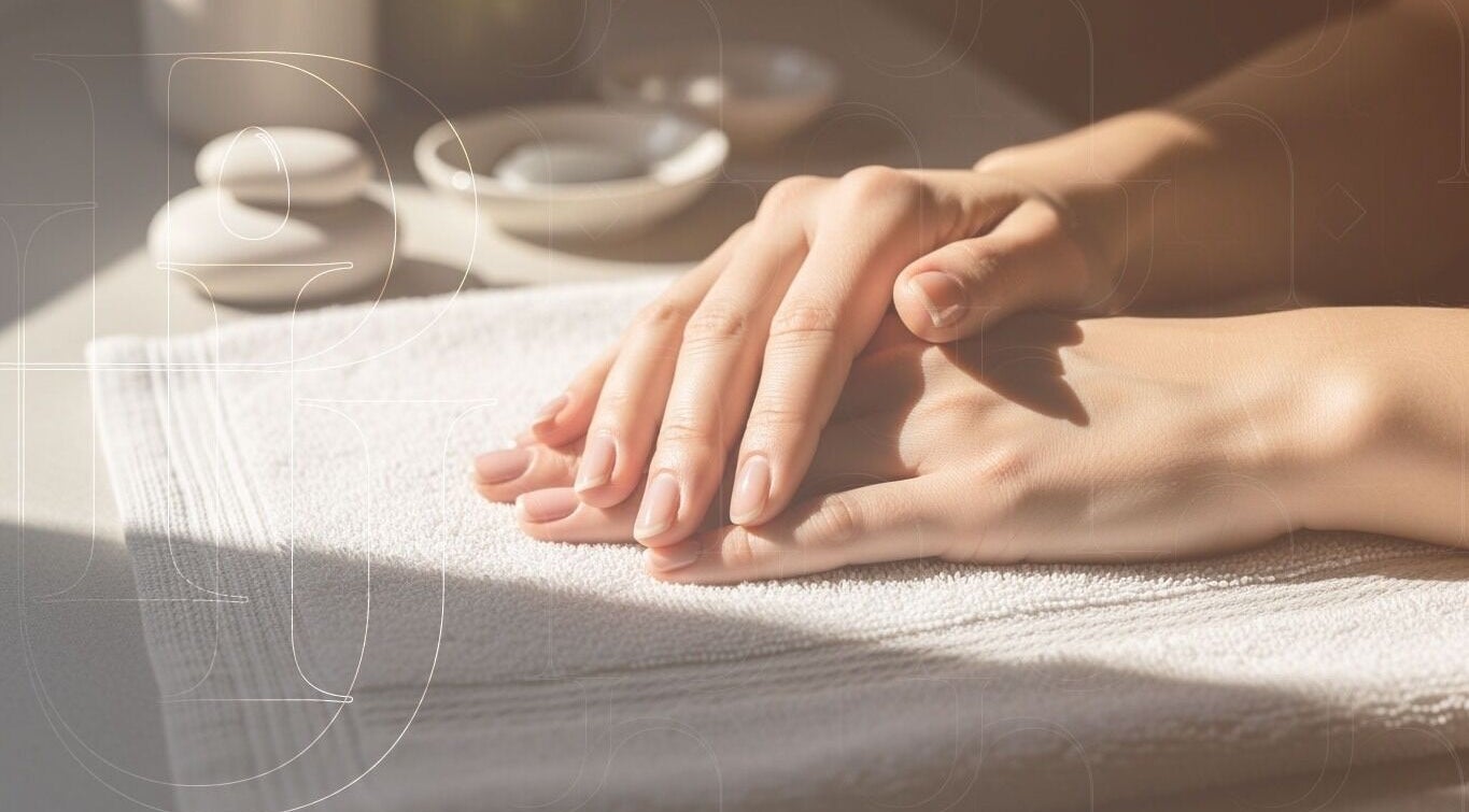 Relaxed hands on towel at Piu Nail Spa, Riyadh. Experience wellness at Riyadh Province, SA.