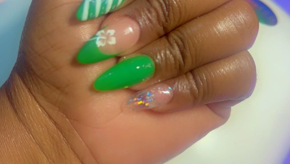 Nail art with green designs at T&K Blissfull beauty spot, St. Ann Parish, St. Ann Parish, JM.
