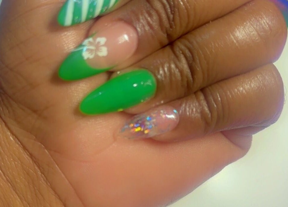 Nail art with green designs at T&K Blissfull beauty spot, St. Ann Parish, St. Ann Parish, JM.