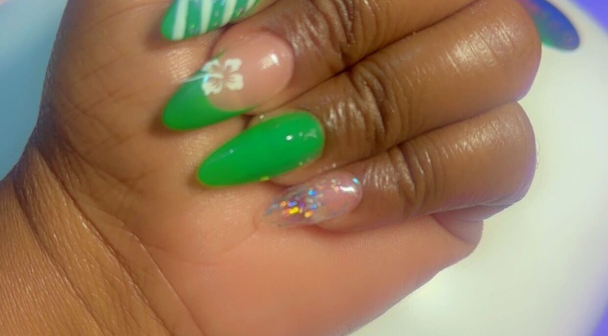 Nail art with green designs at T&K Blissfull beauty spot, St. Ann Parish, St. Ann Parish, JM.