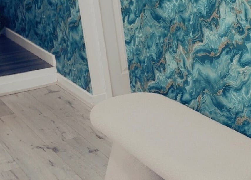 Modern interior at Lashes with Teri in Wolverhampton, England, GB with blue marble walls.