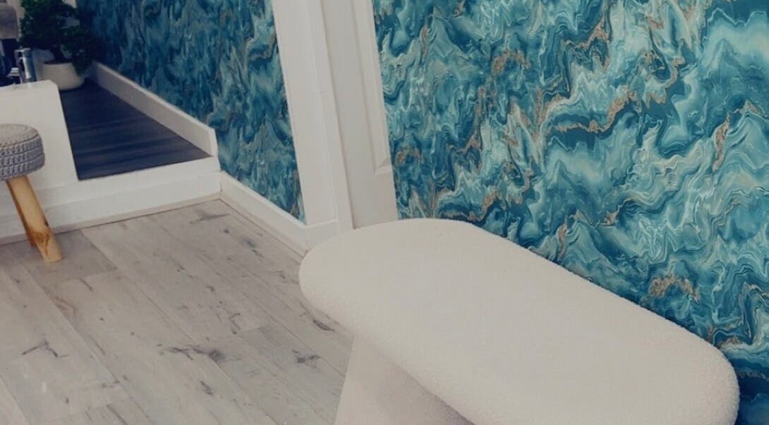 Modern interior at Lashes with Teri in Wolverhampton, England, GB with blue marble walls.