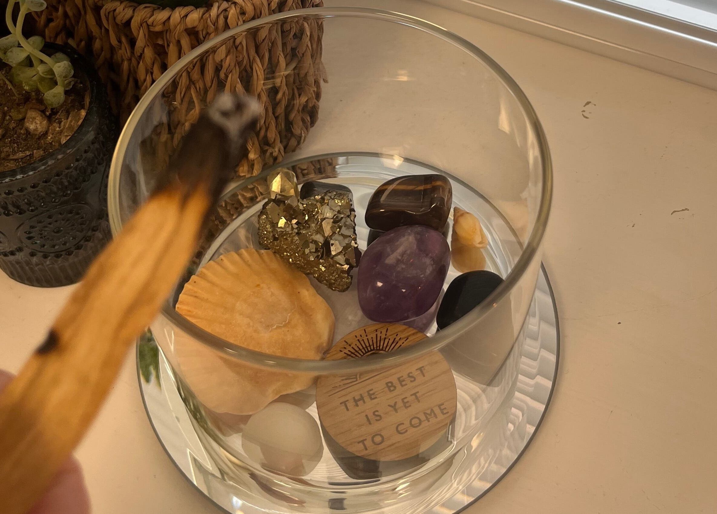 Crystal and decor display at Lindsey Graham Physio & Holistics, Chester-le-Street, England, GB.