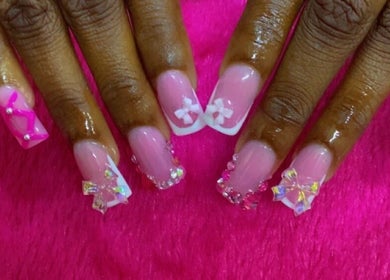 Detailed pink and crystal nail art at Anna Nail Bar, Montego Bay, St. James Parish, JM.