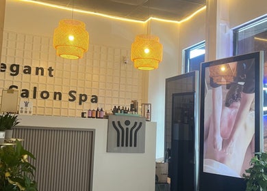 Interior of ELEGANT HEAD SPA in South Pasadena, California, US featuring cozy lighting and lush greenery.