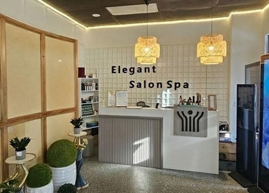 Reception area of Elegant Scalp Spa in South Pasadena, California, US, showcasing modern decor and lighting.