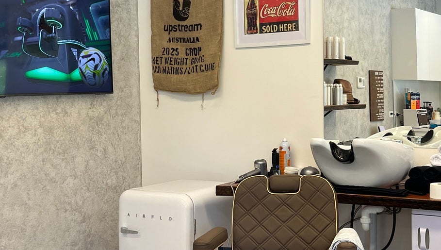 Chic barber shop interior at Piccante Barbers, Peregian Springs, Queensland, AU with sleek salon design.