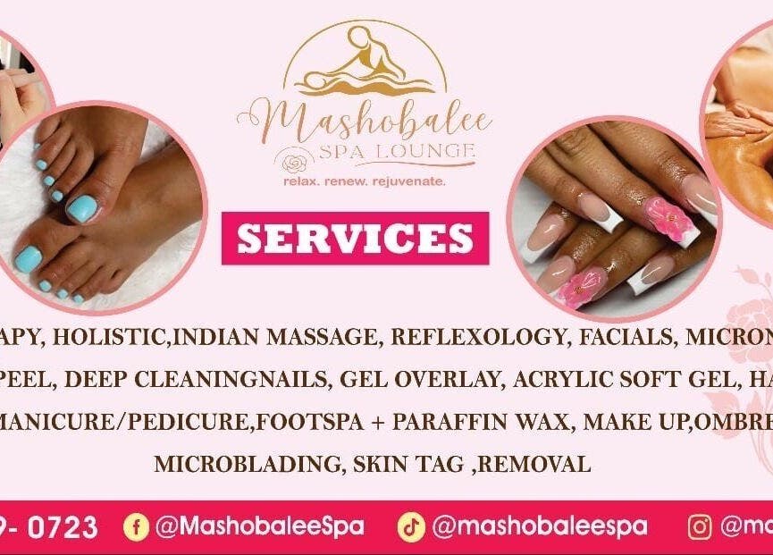 Diverse beauty services at Mashobalee Spa Lounge, Sandton, Gauteng, ZA including massage and manicures.