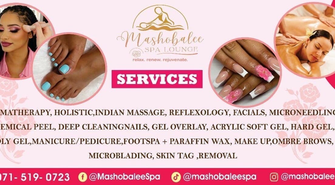 Diverse beauty services at Mashobalee Spa Lounge, Sandton, Gauteng, ZA including massage and manicures.