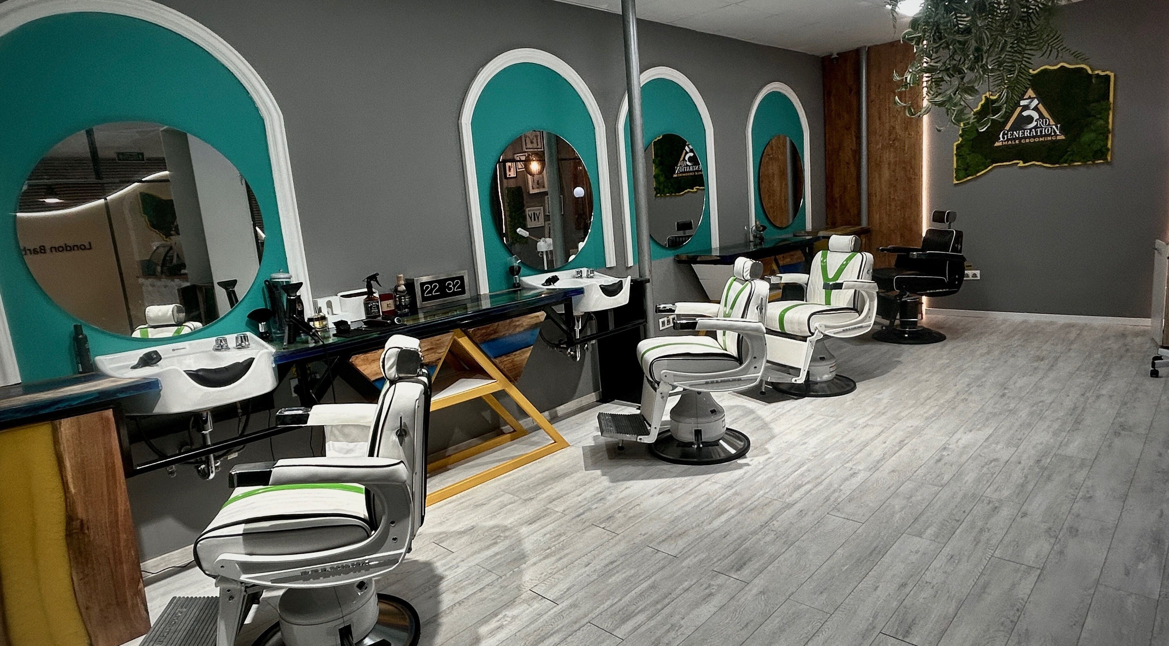 Modern barber chairs at 3rd Generation London, Timișoara, Județul Timiș, RO offering stylish grooming.