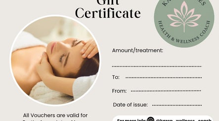 Gift certificate showcasing a calm spa treatment by Karen Sykes Health & Wellness Coach in Carrickfergus, Northern Ireland, GB.