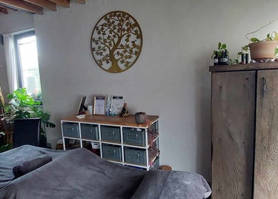 Een rustieke spa-kamer bij Heers, Vlaanderen, BE, met planten, houten kast en gouden wanddecoratie.