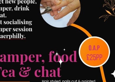 Event poster for Lexinaes in Bedwas, Wales, GB promoting a social pamper session with tea and chat.