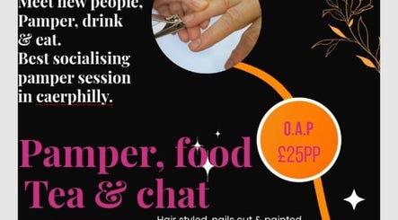 Event poster for Lexinaes in Bedwas, Wales, GB promoting a social pamper session with tea and chat.