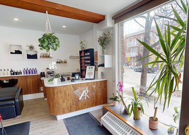 Intérieur de AR Salon de Coiffure moderne à Montréal, Québec, CA avec plantes et déco élégantes.