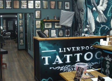 Liverpool Tattoos Orrell Park interior showcases artistic designs in Liverpool, England, GB.