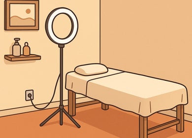 Cozy treatment room at Bloom Lash & Esthetics, Pocatello, Idaho, US, with massage bed and soft lighting.