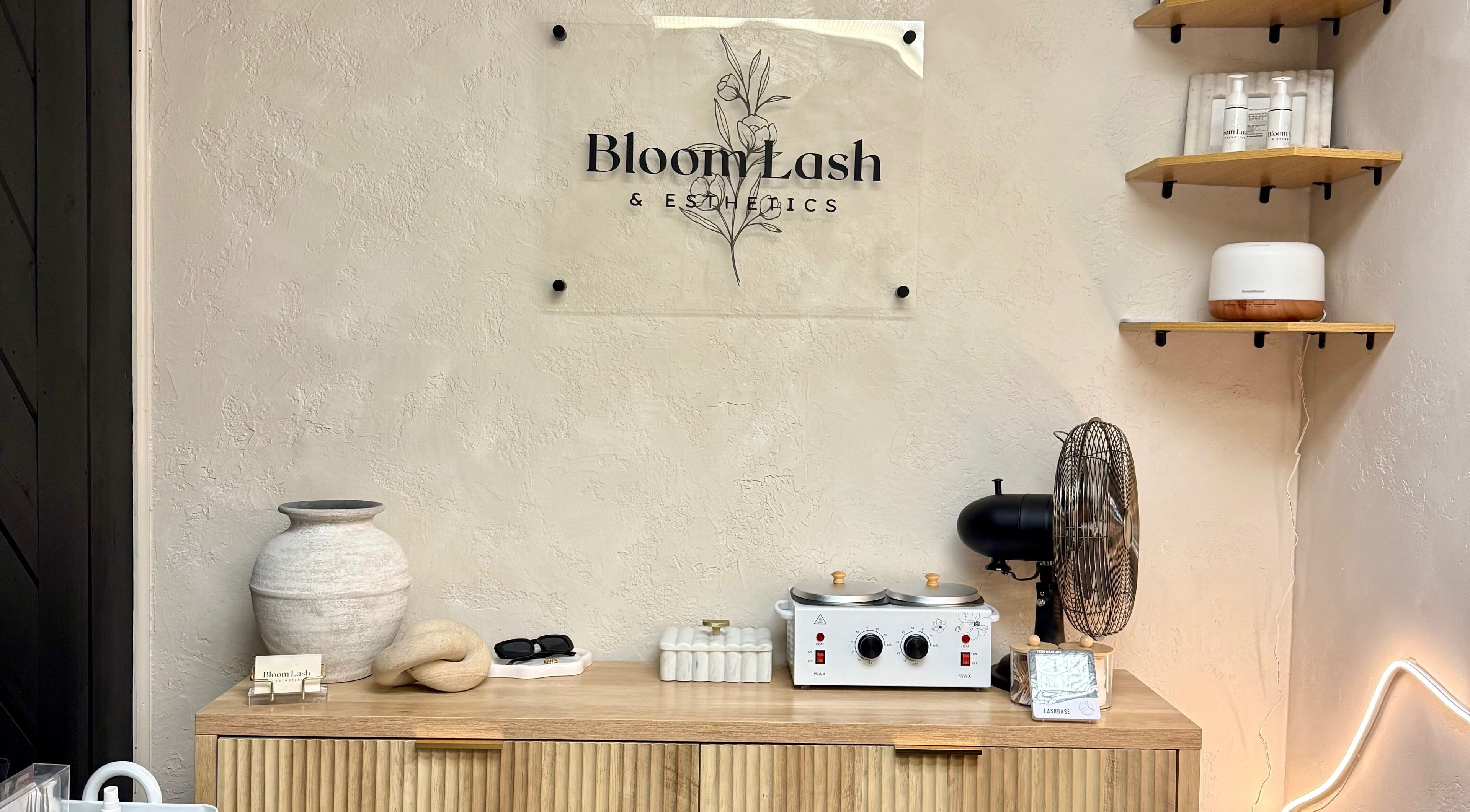 Stylish interior at Bloom Lash & Esthetics, Pocatello, Idaho, US. Features modern decor and beauty products.