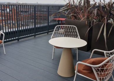 Stylish terrace with modern seating at Make Up by Niloo, London, GB. Ideal for relaxation and beauty treatments.