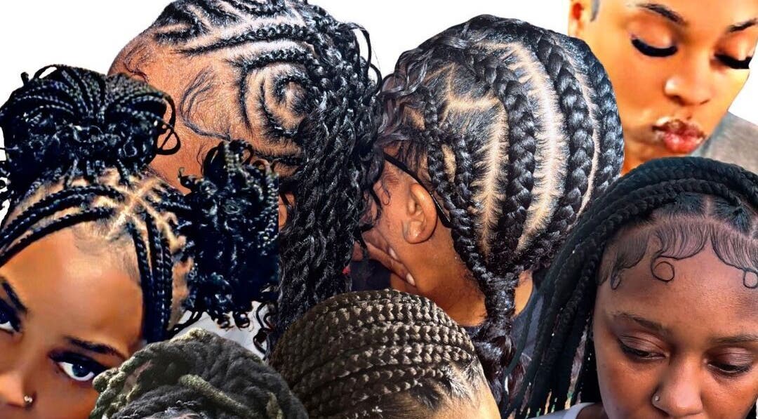 Intricate braided hairstyles at Blessed by Dria in Jackson, Tennessee, US showcasing diverse hair designs.