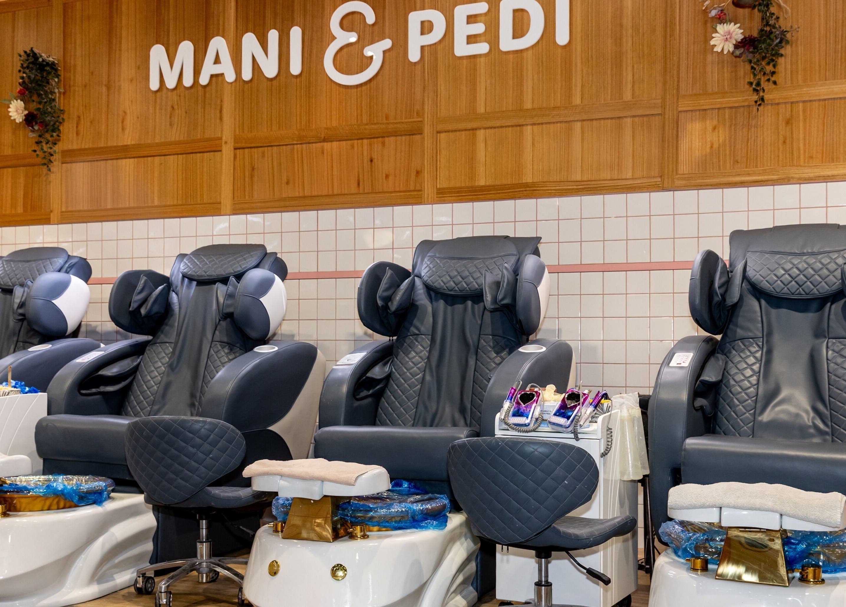 Comfortable pedicure chairs at Mani Pedi Nail Salon Colonnades, Noarlunga Centre, South Australia, AU.