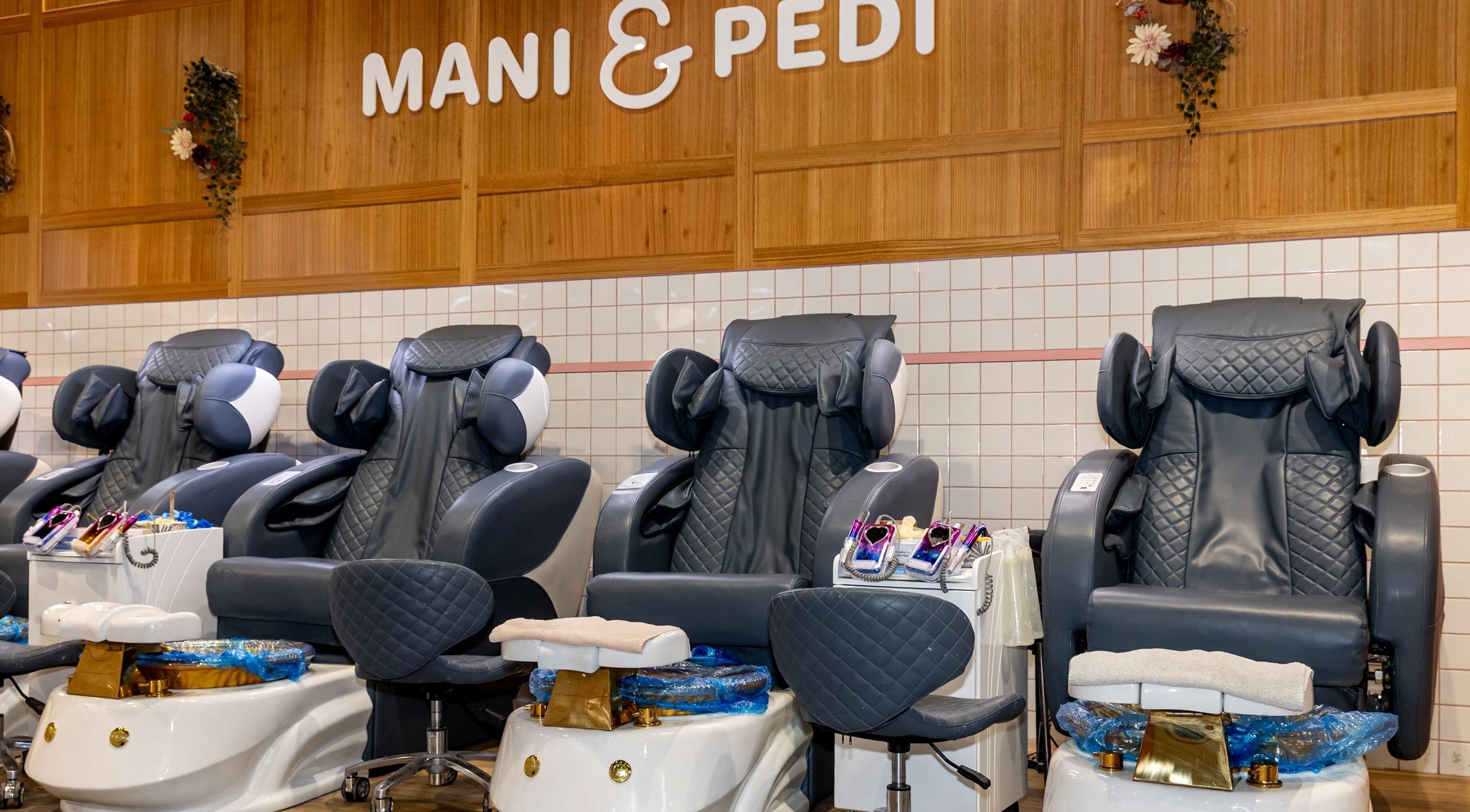 Comfortable pedicure chairs at Mani Pedi Nail Salon Colonnades, Noarlunga Centre, South Australia, AU.