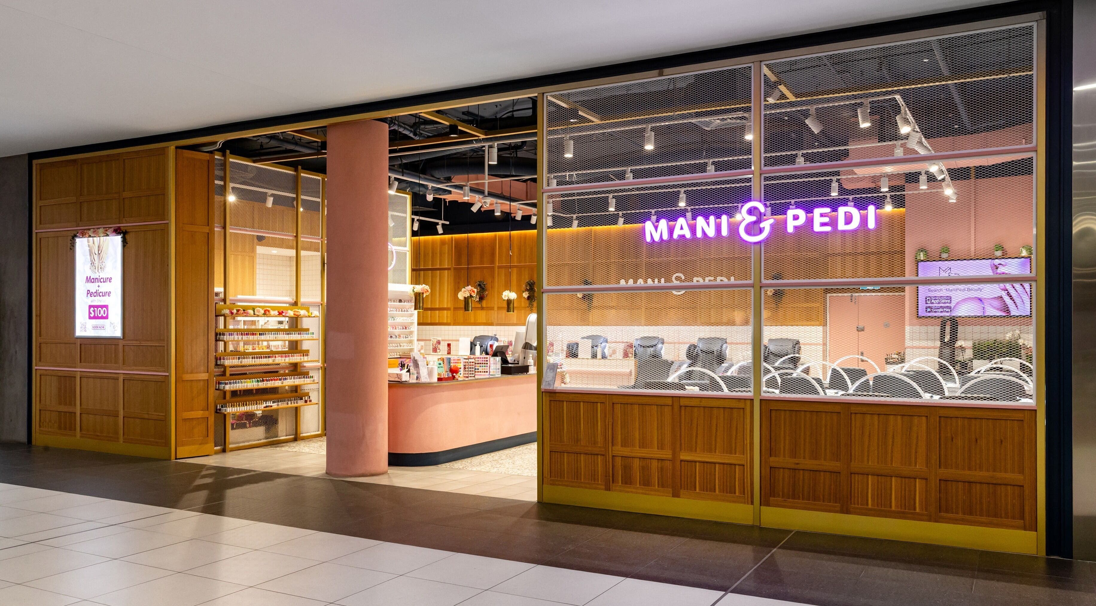 Exterior of Mani Pedi Nail Salon Colonnades at Noarlunga Centre, South Australia, AU with modern design.