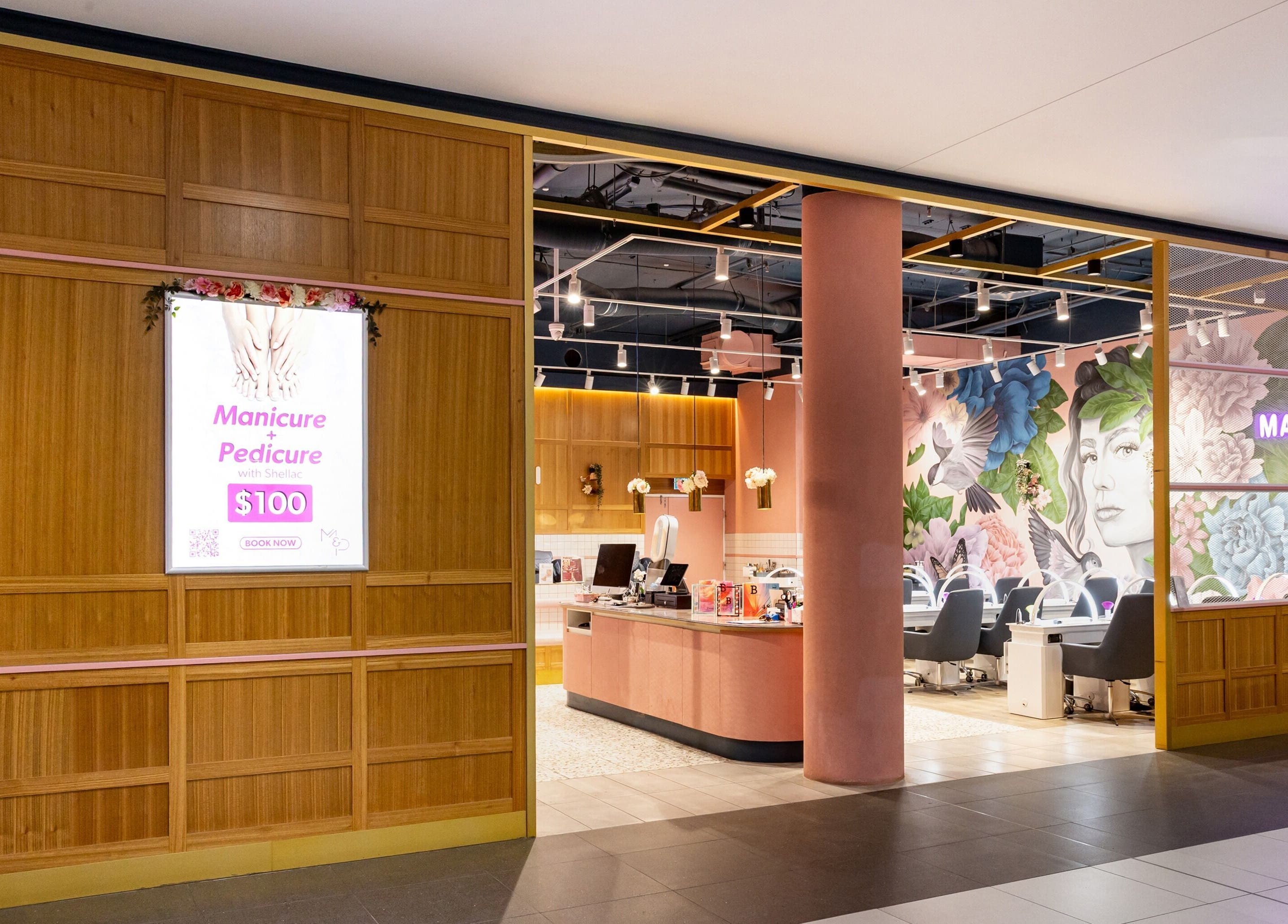 Exterior of Mani Pedi Nail Salon Colonnades, Noarlunga Centre, showcasing a modern, inviting design.