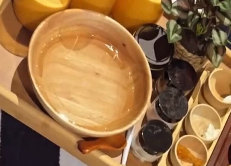 Selection of spa essentials at Fusion Spa & Salon UK, Slough, England, GB. Featuring wooden bowls and organic products.