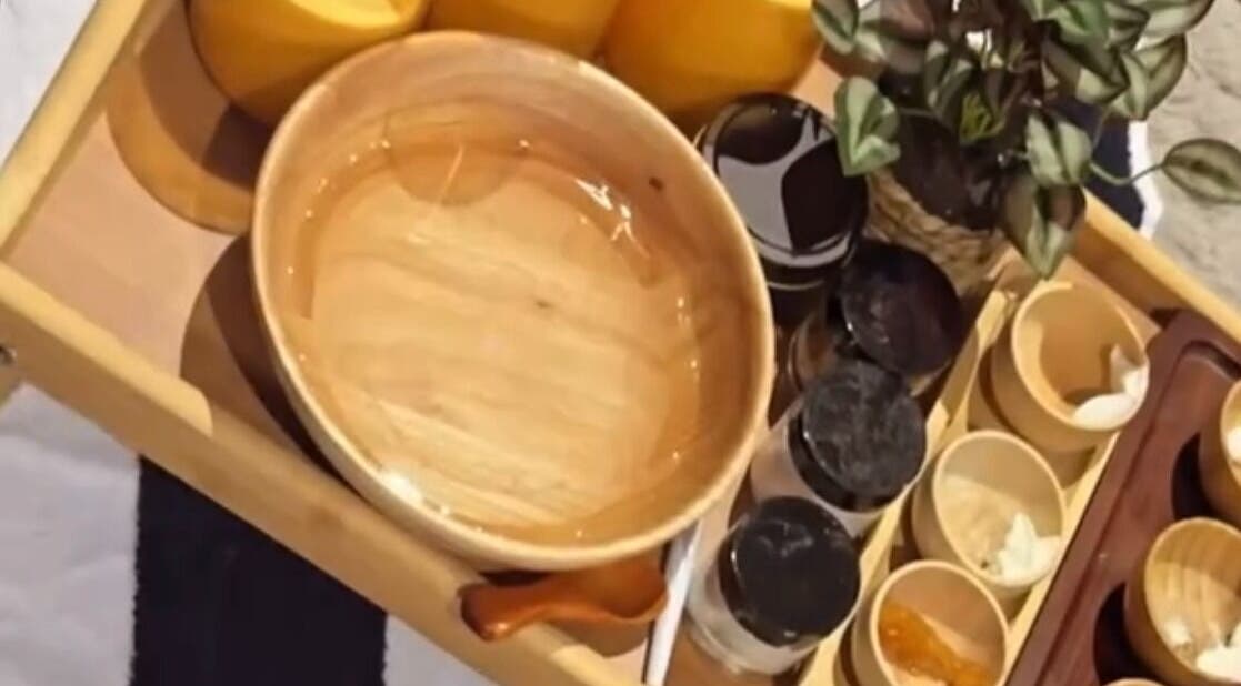 Selection of spa essentials at Fusion Spa & Salon UK, Slough, England, GB. Featuring wooden bowls and organic products.