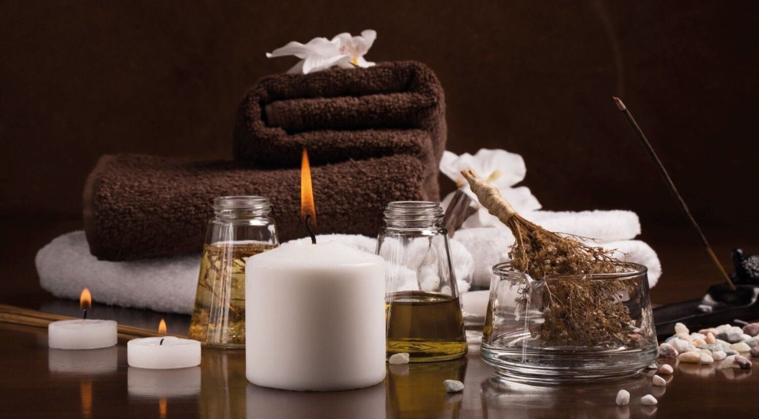Tranquil spa setup with candles and oils at Beautiful Flower, Riyadh, Riyadh Province, SA.