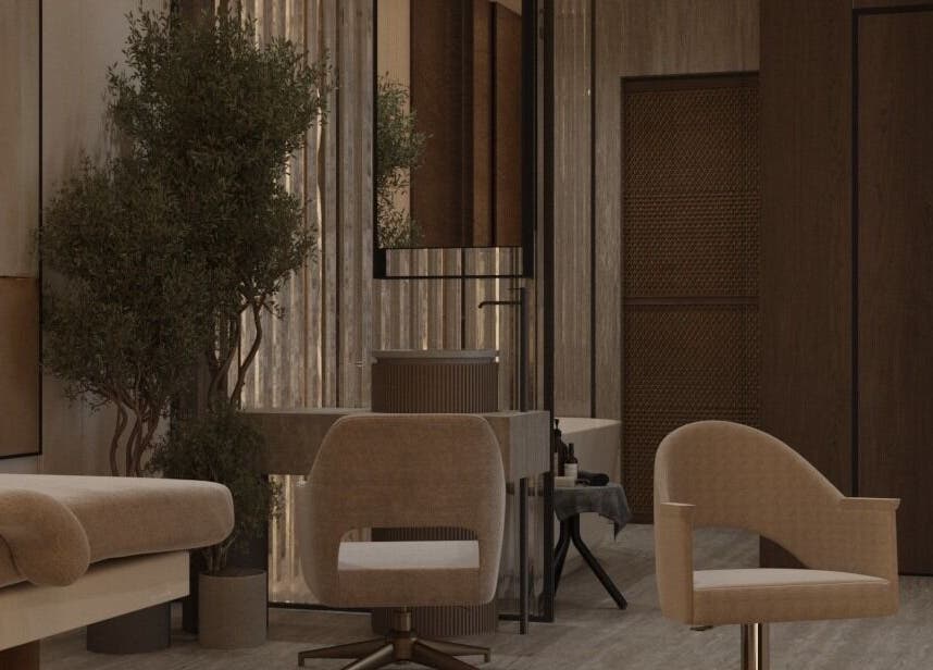 Calm interior of Him Spa in Riyadh, Riyadh Province, SA featuring a massage bed and cozy chairs.