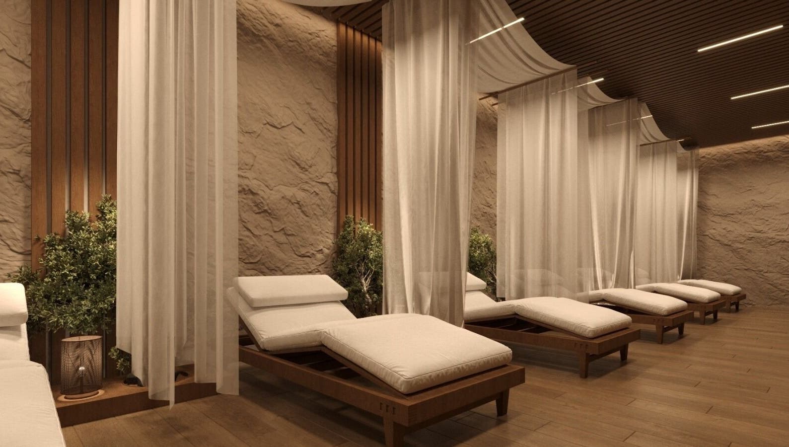 Relaxing lounge area at Him Spa, Riyadh, Riyadh Province, SA with cozy loungers and soft lighting.