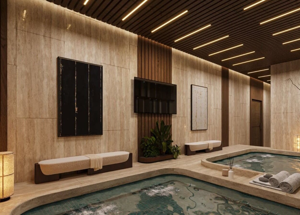 Luxurious spa setting at Him Spa, Riyadh, SA with tranquil pool and elegant decor.