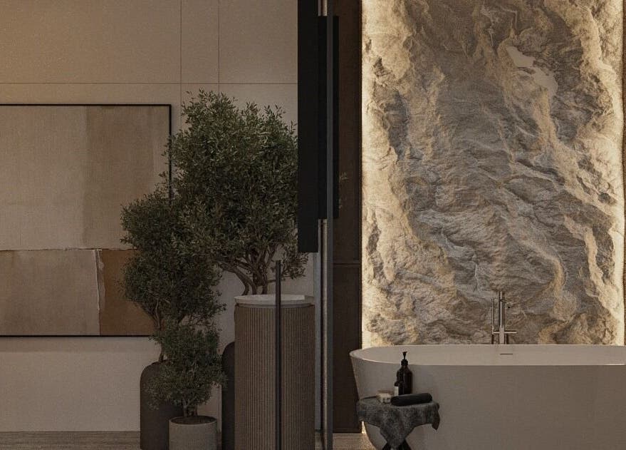 Him Spa's serene bath area with elegant stone wall in Riyadh, Riyadh Province, SA.