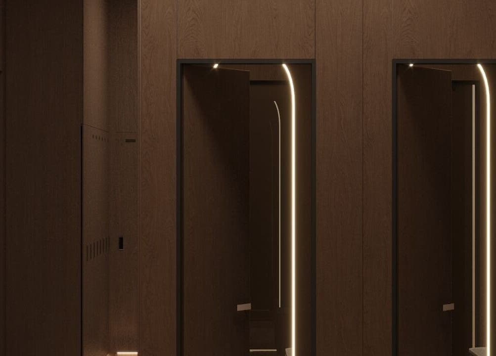 Elegant dark wood corridor at Him Spa, Riyadh, Riyadh Province, SA, creating a tranquil ambiance.
