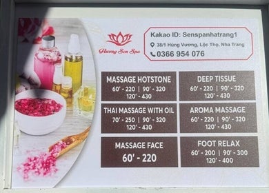 Huong Sen Spa service menu with various massage options in Nha Trang, Khánh Hòa, VN.