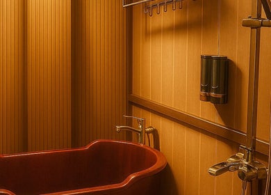 Elegant wooden bath area at Lá Spa - Massage Shampoo Hanoi, Hà Nội, VN, offering a tranquil relaxation experience.