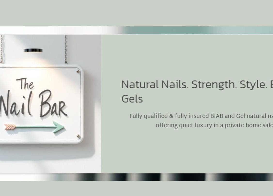 Stylish sign of The Nail Bar Eckington in Pershore, England, GB, highlighting natural nail services.